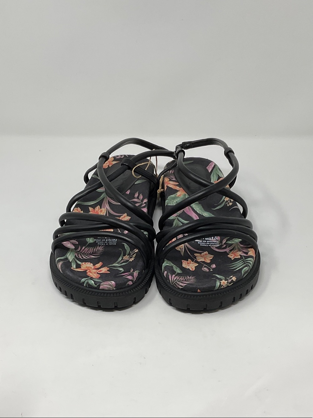 Roxy Black Floral Strappy Sandals with Pink and Green Accents